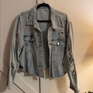 SHEIN Light Gray Distressed Denim Jacket